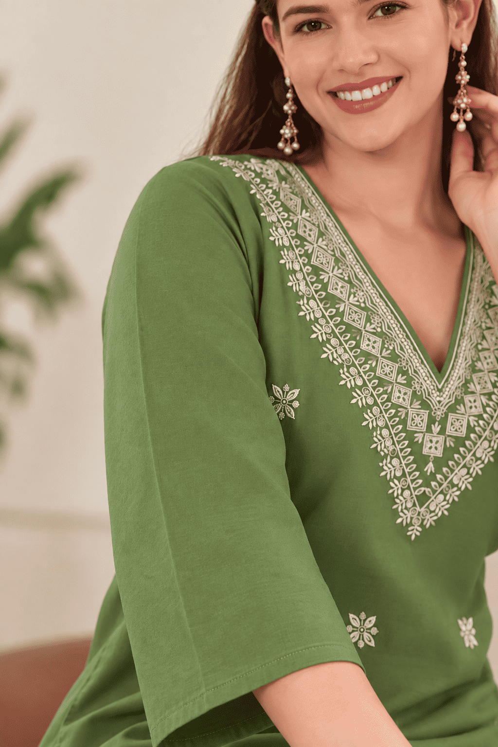 Green Embroidered Cotton Blend Kurta Pant and Dupatta