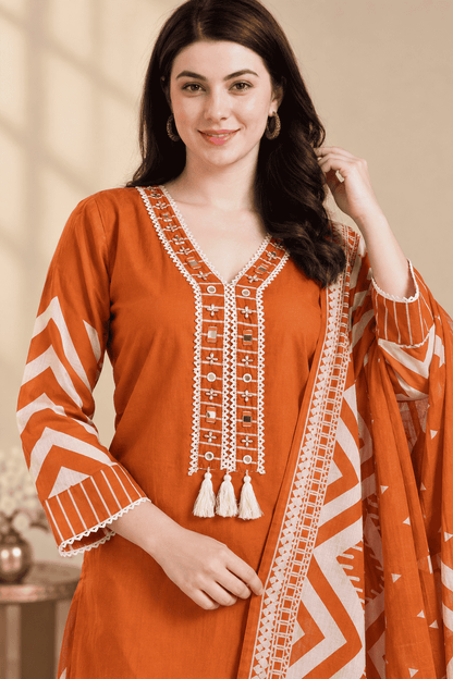 Rust Orange Printed Cotton Blend Kurta Pant and Dupatta