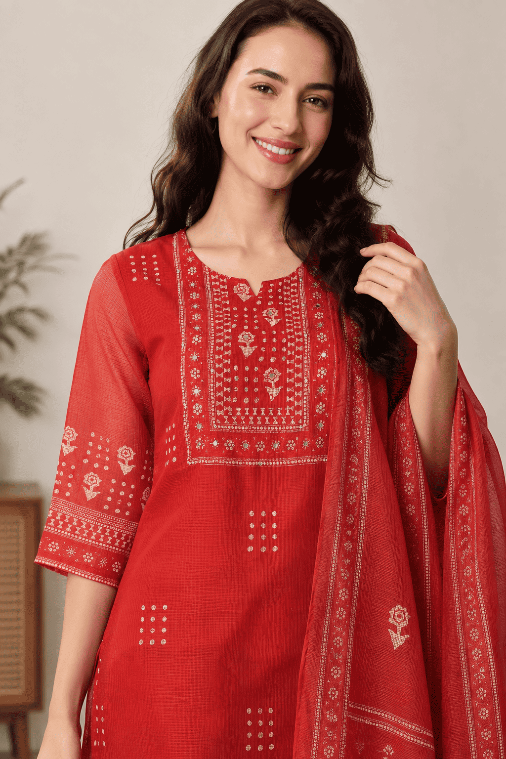 Rust Red Printed Kota Doria Kurta Pant and Dupatta
