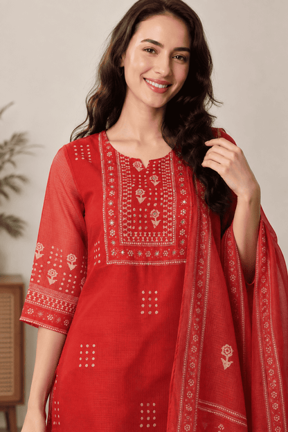 Rust Red Printed Kota Doria Kurta Pant and Dupatta