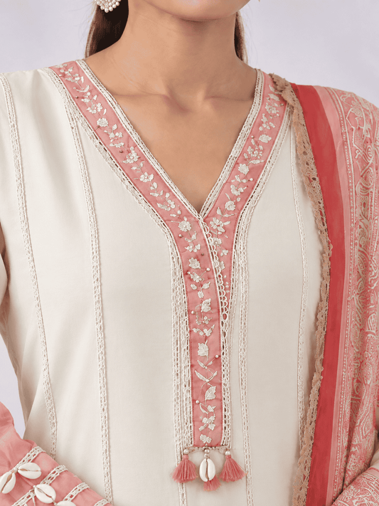 Ivory & Blush Pink Mul Chanderi Ombre Shaded Kurta and Pant with Dupatta
