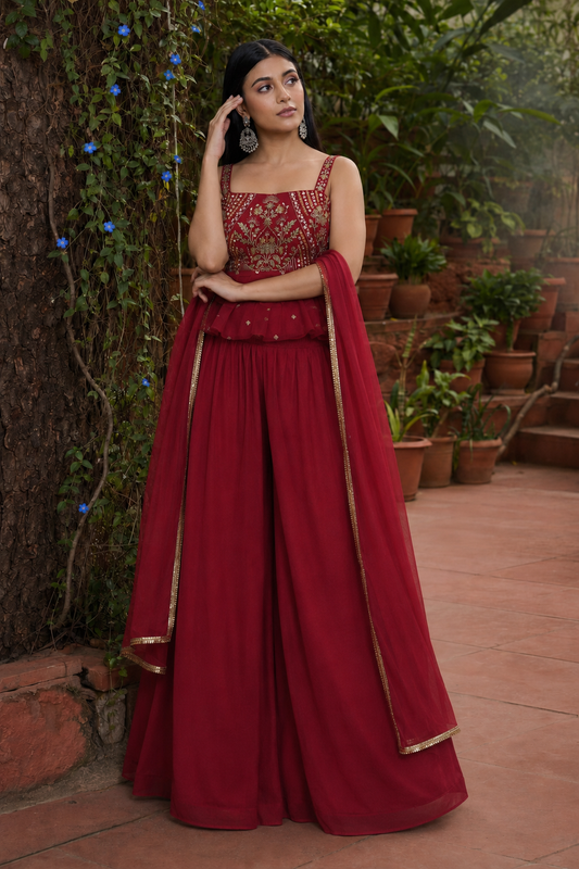 Pink Silk Blend Embroidered Peplum Short Kurta and Wide Palazzo Pants with Dupatta and Belt