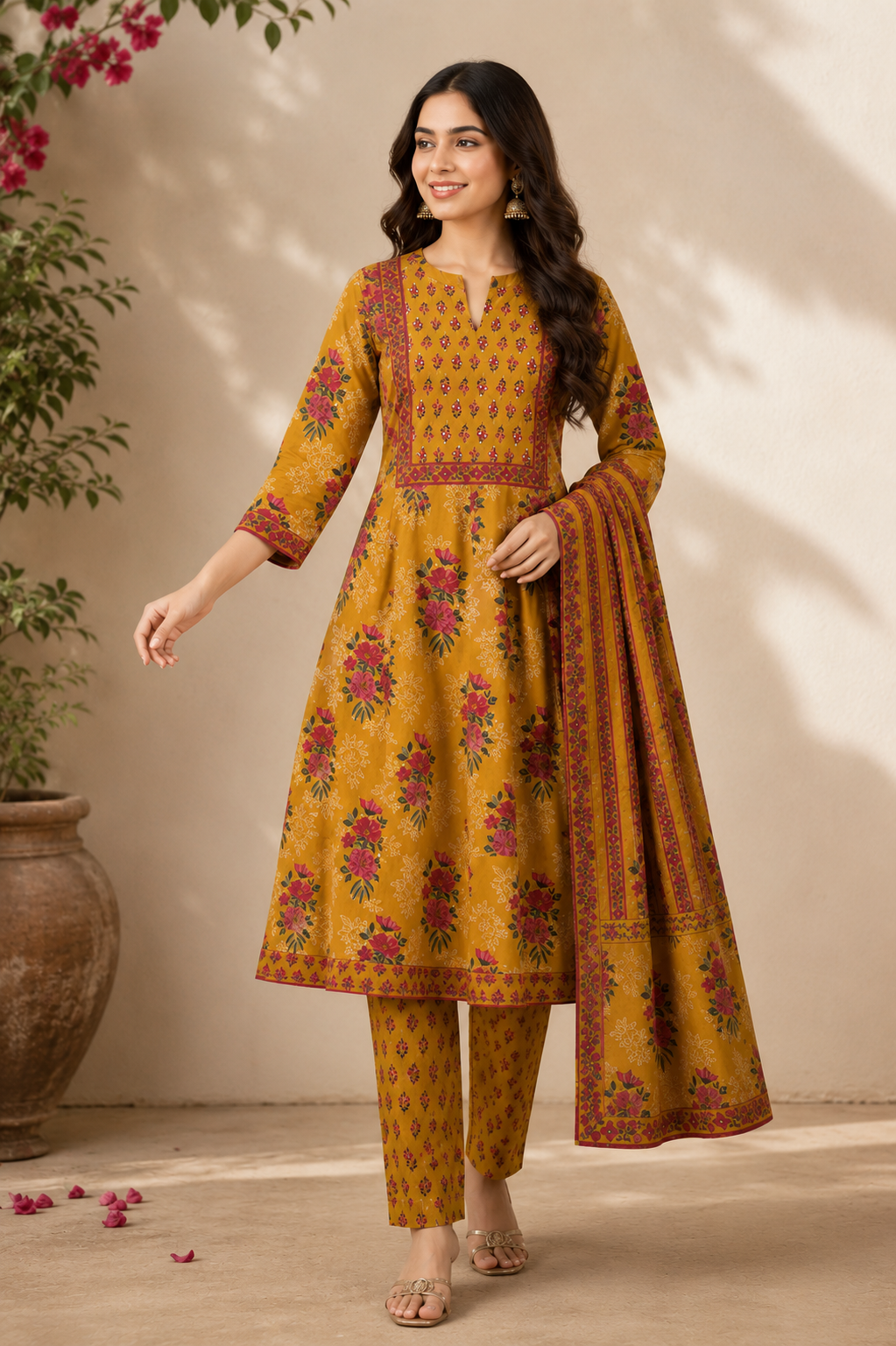Mustard Yellow Cotton Blend Printed Anarkali Kurta and Pant with Dupatta
