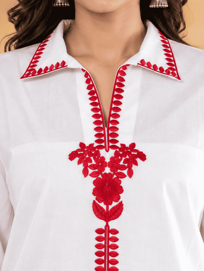 White Embroidered Cotton Blend Co-ord Set