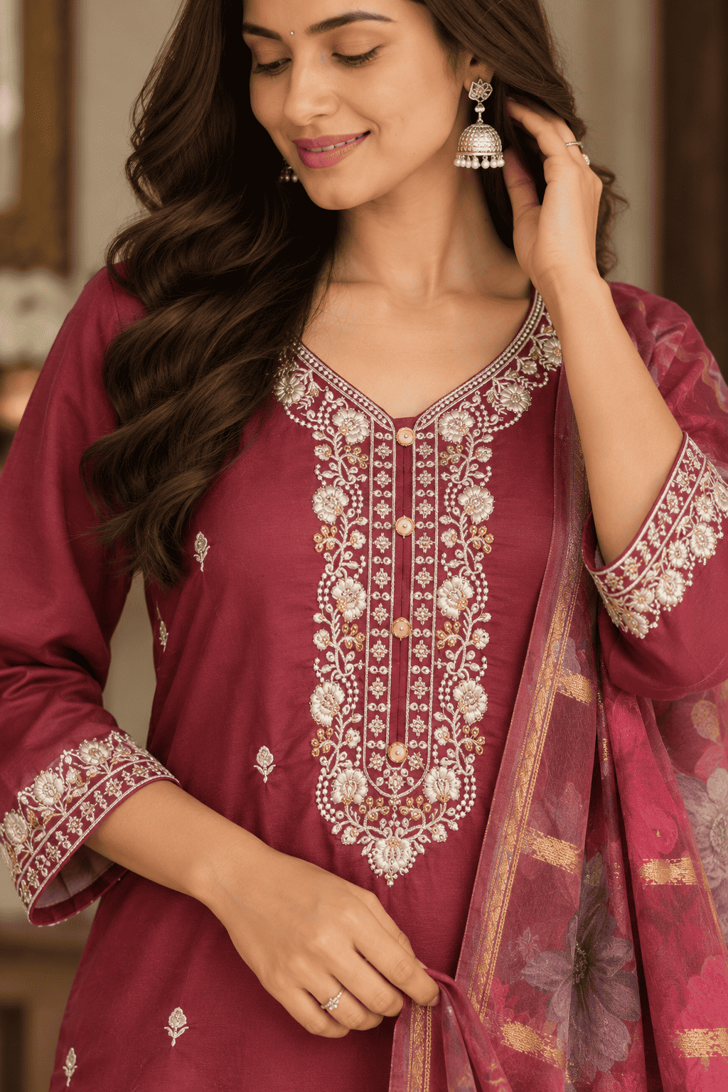 Purple Viscose Roman Silk Embroidered Kurta Pant and Dupatta Set