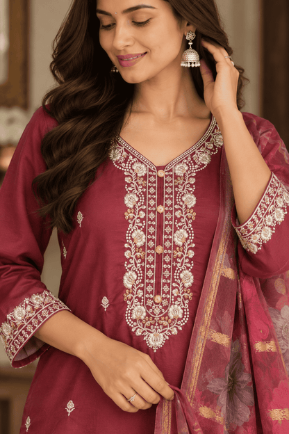 Purple Viscose Roman Silk Embroidered Kurta Pant and Dupatta Set