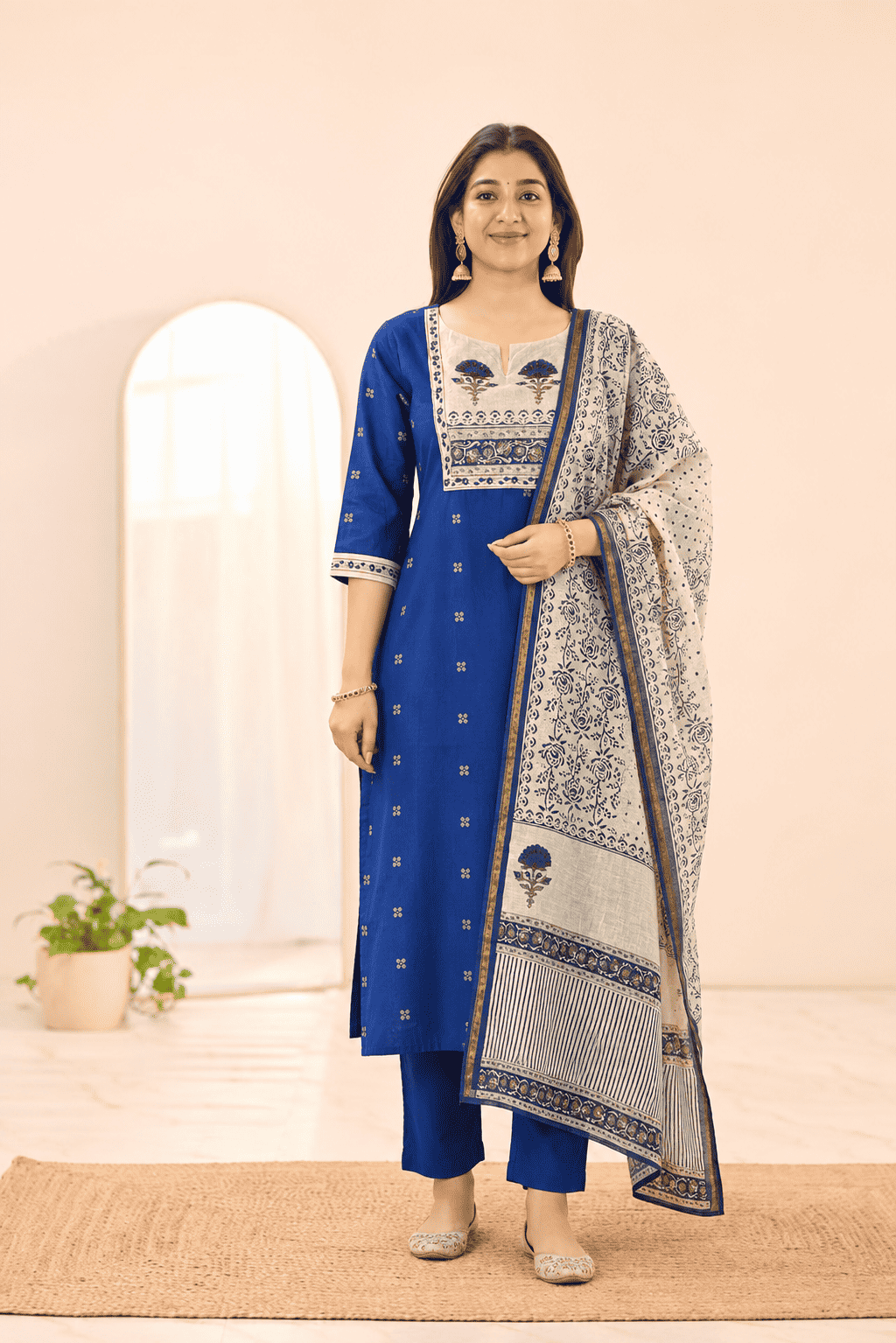 Blue Printed Cotton Kurta and pant with dupatta