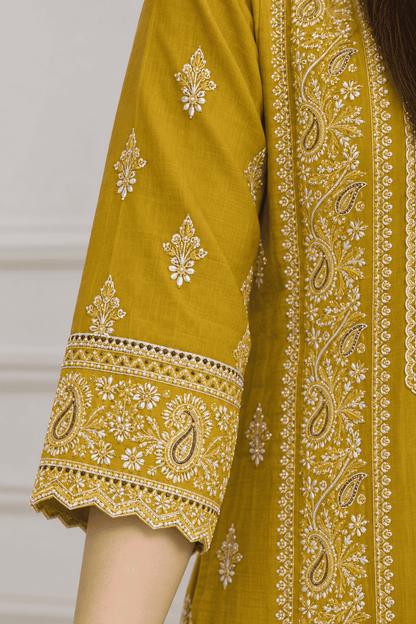Mustard Embroidered Cotton Kurta Pant and Dupatta