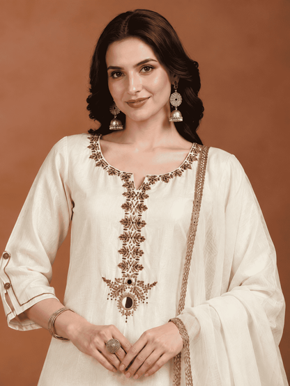 Ivory Embroidered Dola Silk Kurta and Palazzo with dupatta