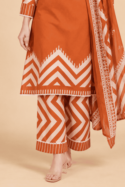 Rust Orange Printed Cotton Blend Kurta Pant and Dupatta