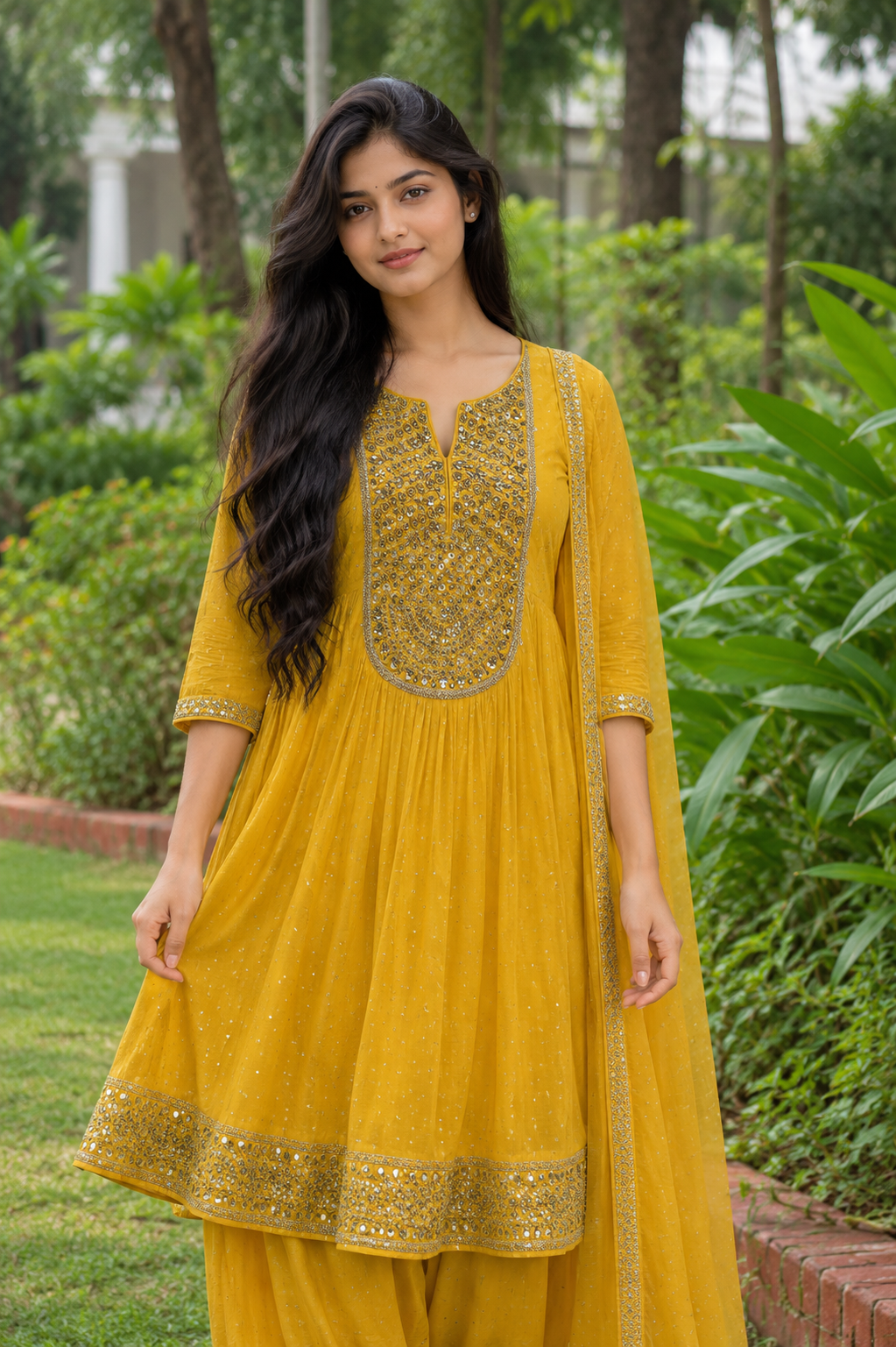 Yellow Mul Chanderi Embroidered Anarkali Kurta and Dhoti Pant With Dupatta