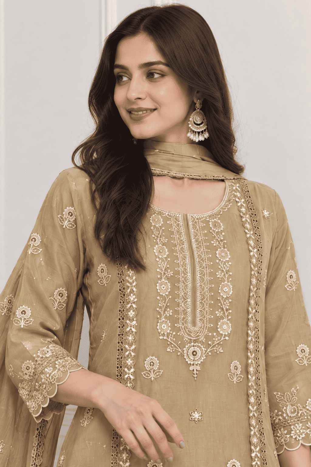 Beige Floral Embroidered Mul Cotton Kurta Pant With Dupatta