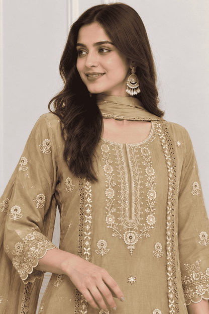 Beige Floral Embroidered Mul Cotton Kurta Pant With Dupatta