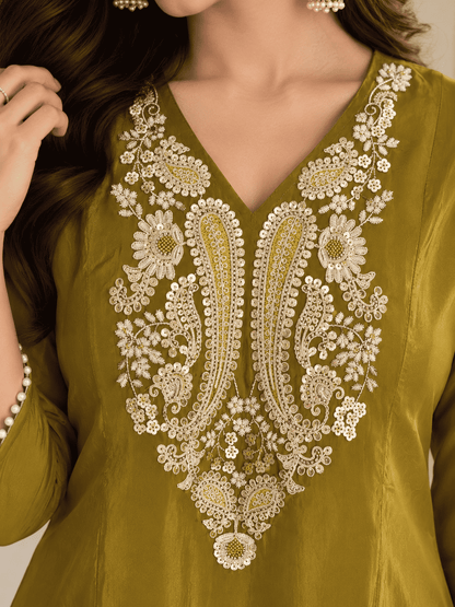 Mustard Embroidered Tissue Fabric Kurta Pant Set