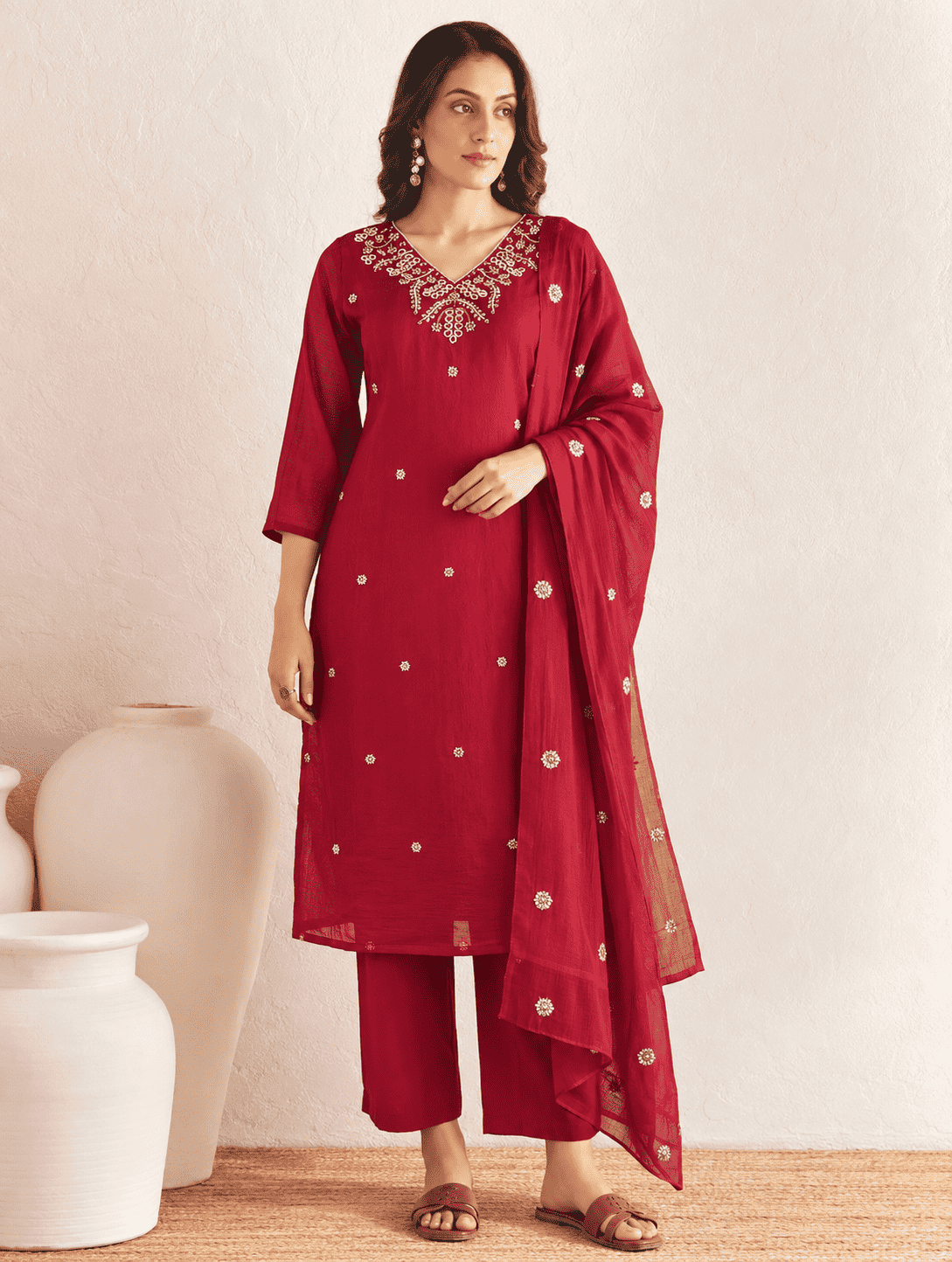 Maroon Embroidered Rayon Kurta Pant and Dupatta
