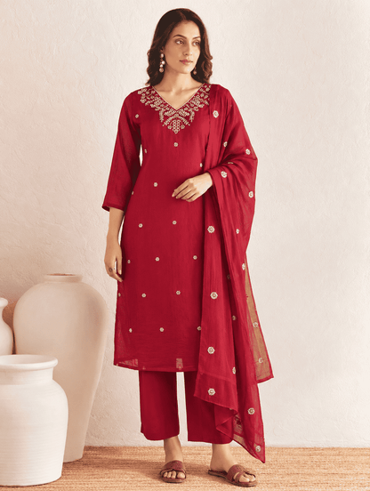 Maroon Embroidered Rayon Kurta Pant and Dupatta