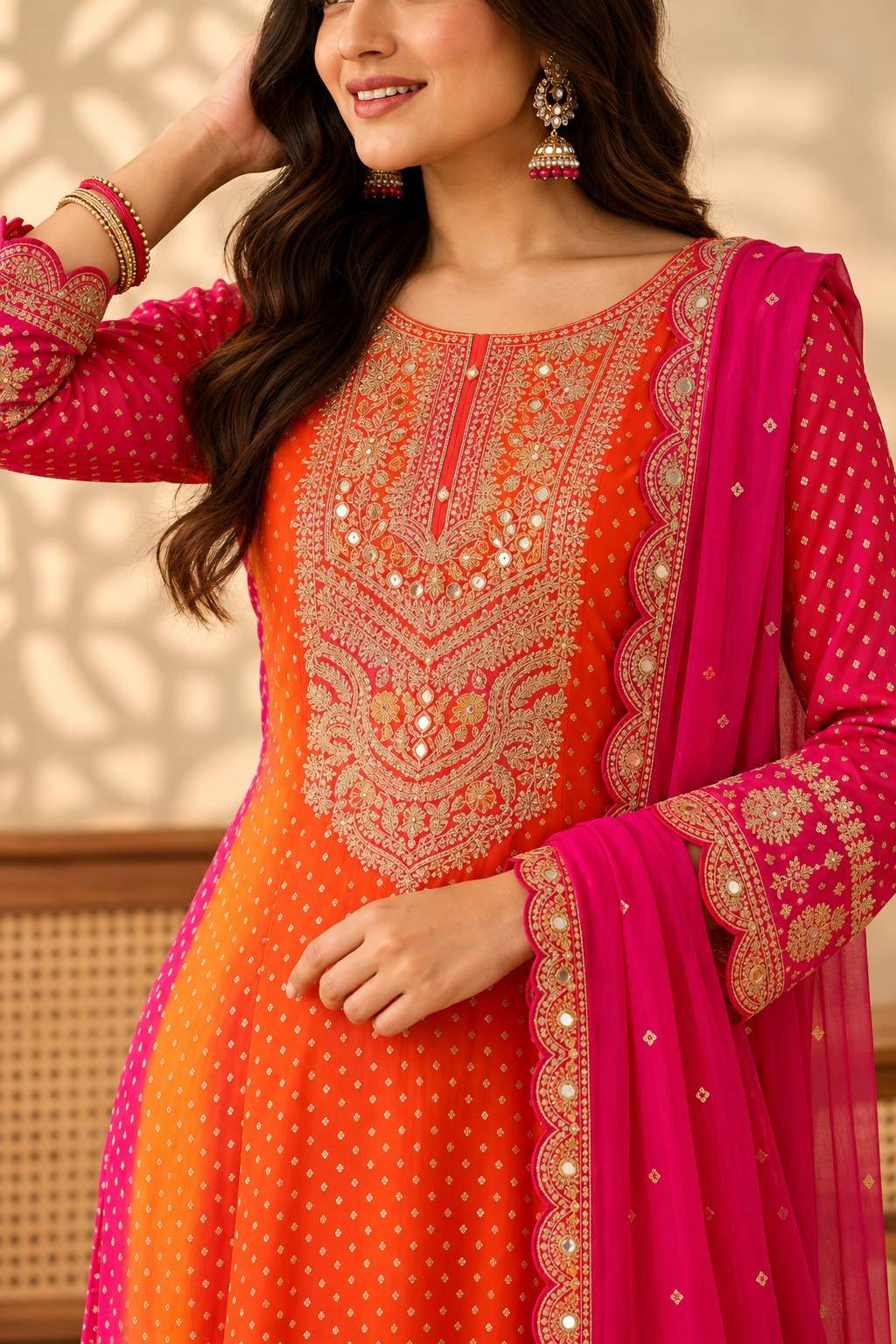 Orange Chinon Bandhani Kurta Set With Intricate Embroidery Paired With Fuchsia Pink Dupatta