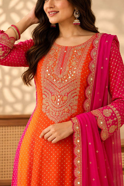 Orange Chinon Bandhani Kurta Set With Intricate Embroidery Paired With Fuchsia Pink Dupatta