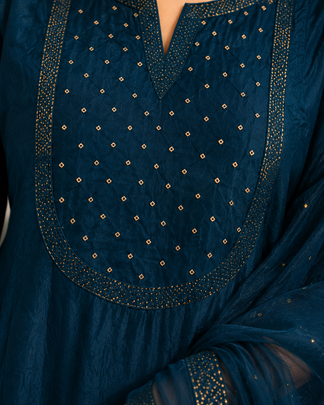 Teal Blue Mul Chanderi Embroidered Kurta and Pant with Dupatta