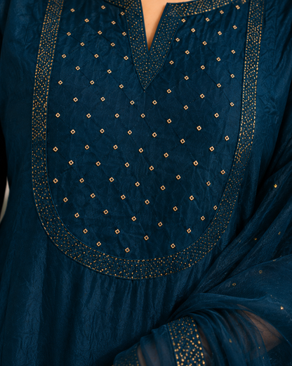 Teal Blue Mul Chanderi Embroidered Kurta and Pant with Dupatta