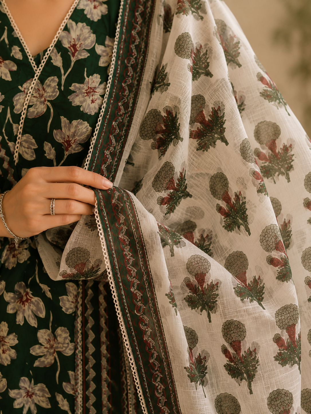 Green Floral Printed Cotton Blend Kurta and Pant with Dupatta