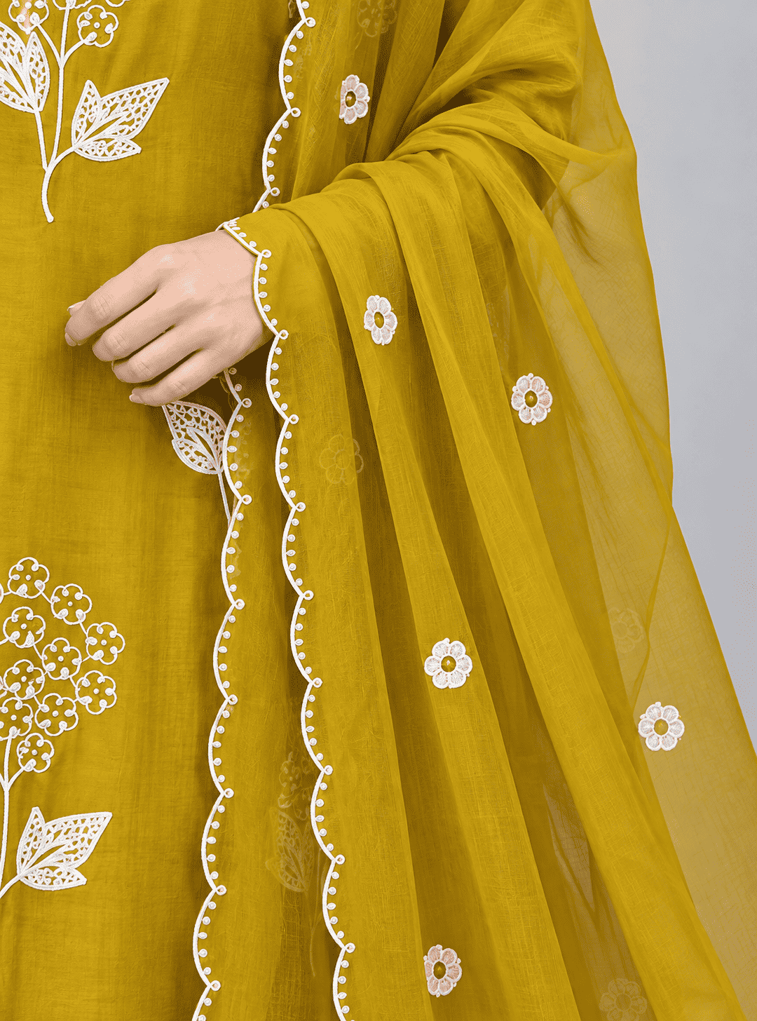 Mustard Yellow Embroidered Chanderi Kurta and pant with dupatta