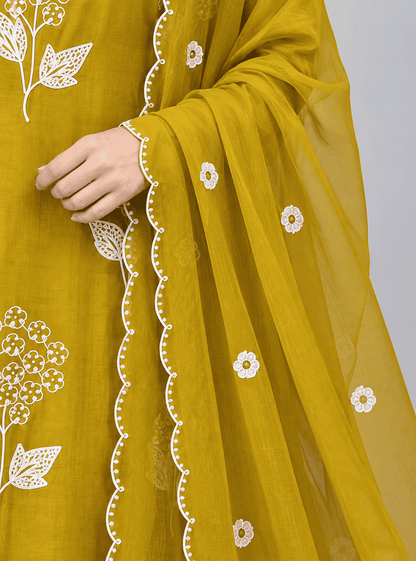 Mustard Yellow Embroidered Chanderi Kurta and pant with dupatta
