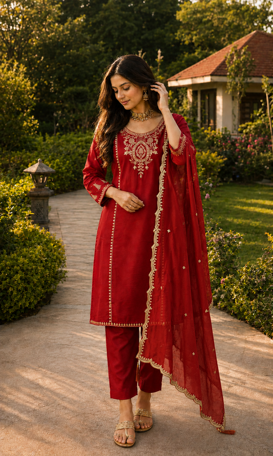 Rust Red Silk Blend Embroidered Kurta and Pant with Dupatta