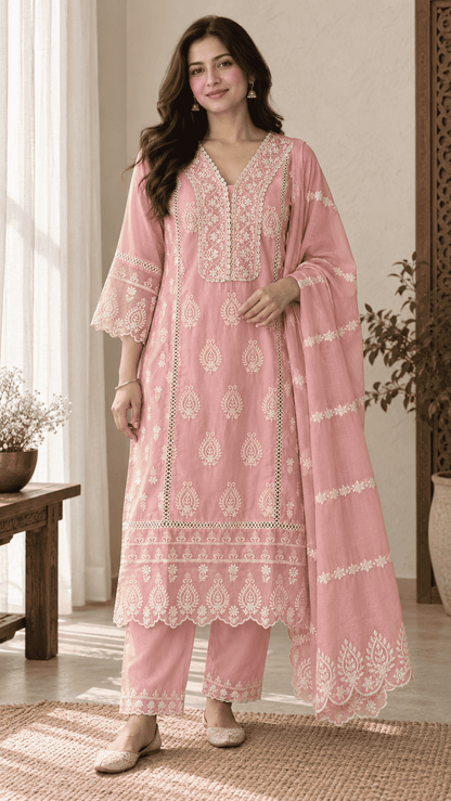 Pink Chikankari Embroidered Mul Cotton Kurta Pant With Dupatta
