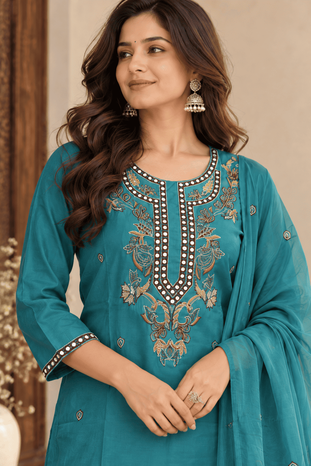 Teal Blue Embroidered Rayon Kurta Pant and Dupatta
