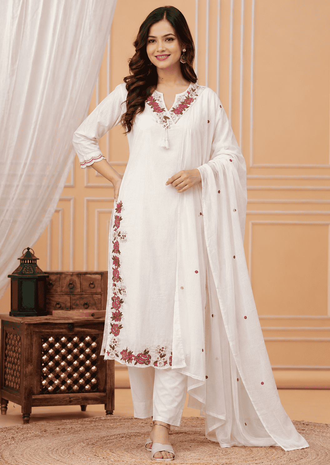 White Emboridered Cotton Blend Kurta Pant and Dupatta