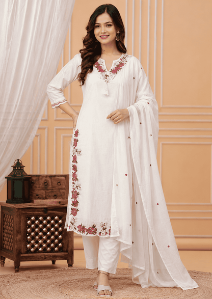 White Emboridered Cotton Blend Kurta Pant and Dupatta
