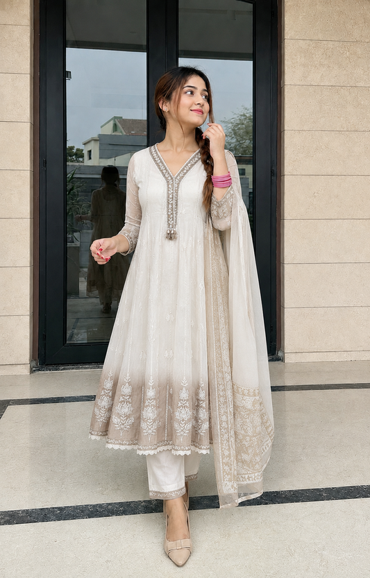 Ivory & Grey Mul Chanderi Ombre Shaded Kurta and Pant with Dupatta
