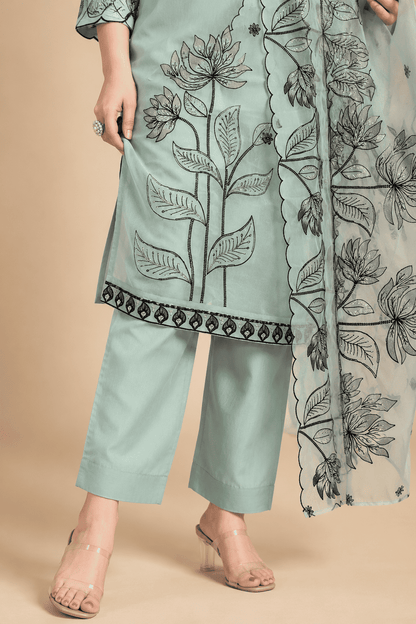 Sage Green Embroidered Roman Silk Kurta Pant and Dupatta