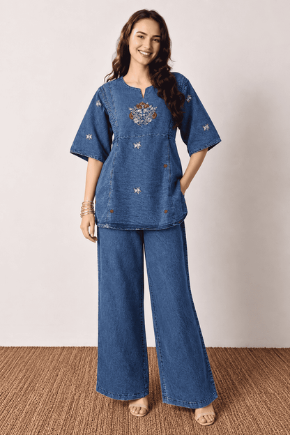 Blue Embroidered Denim Co-ord Set