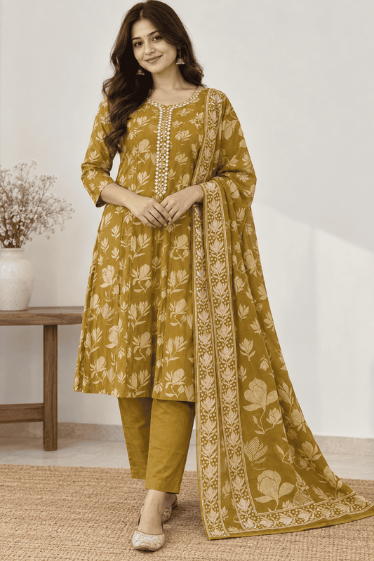 Mustard Yellow Mul Cotton Printed Kurta and Pant with Dupatta