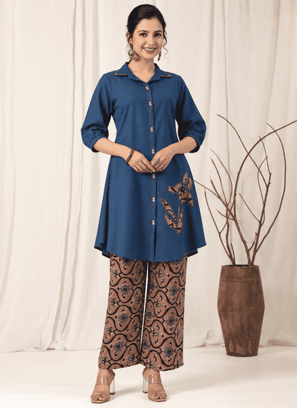 Blue Cotton Kurta With Patchwork and Printed Pant Set
