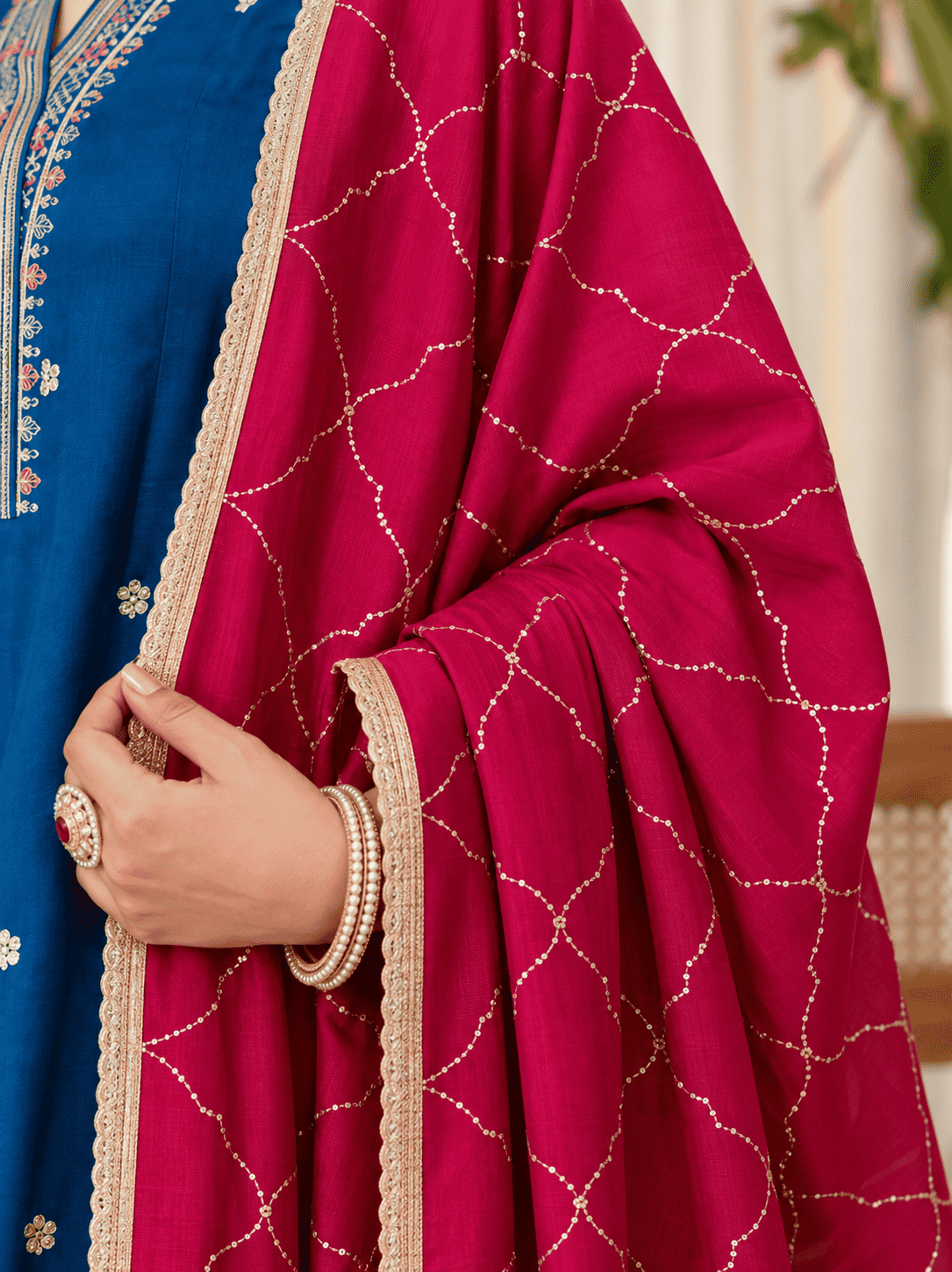 Teal Silk Blend Embroidered Kurta Pant and Dupatta Set
