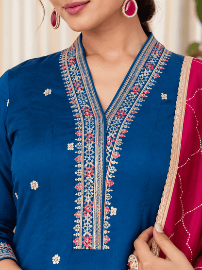 Teal Silk Blend Embroidered Kurta Pant and Dupatta Set