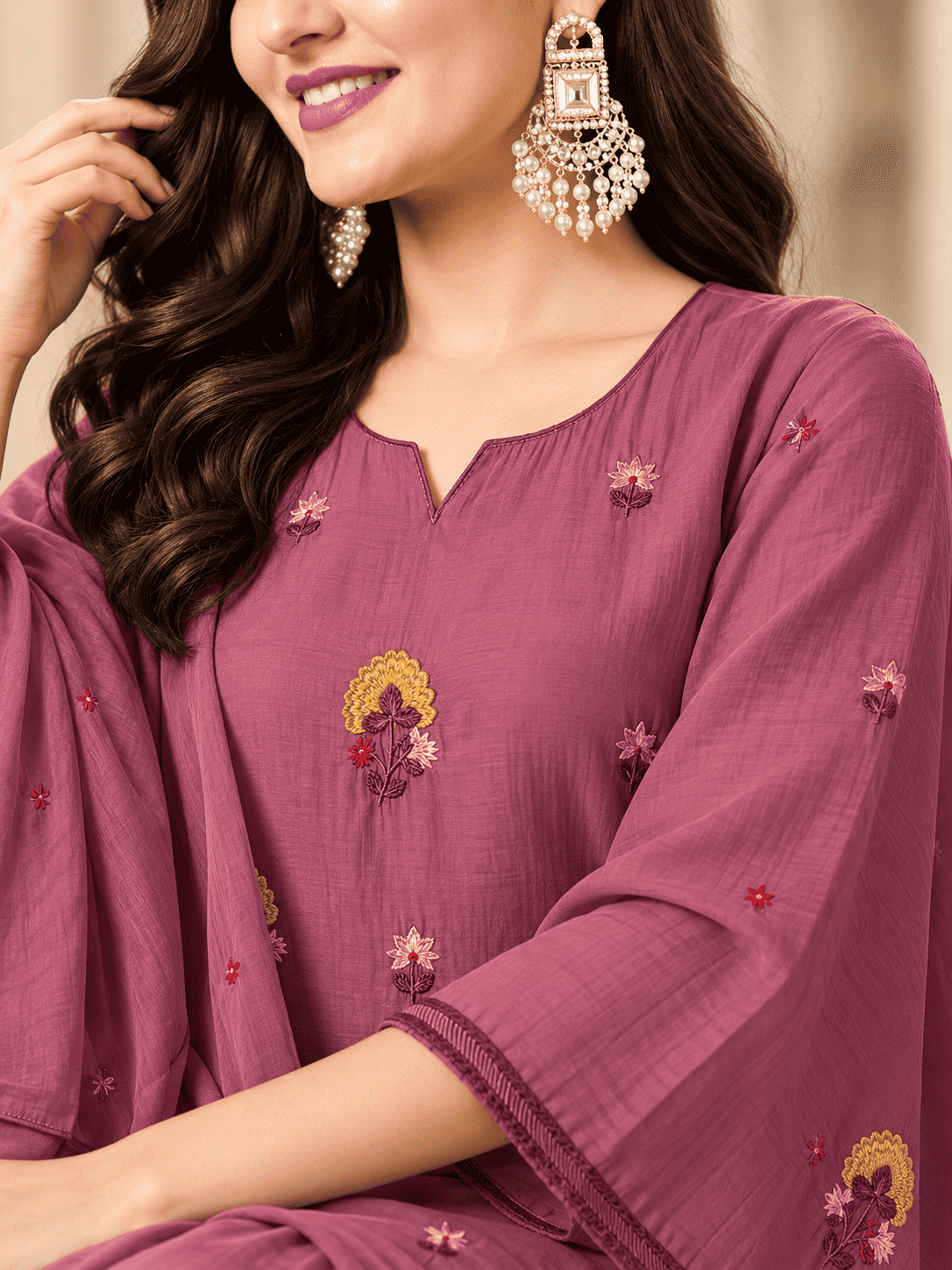 Light Purple Embroidered Mul Chanderi Kurta and pant with Dupatta