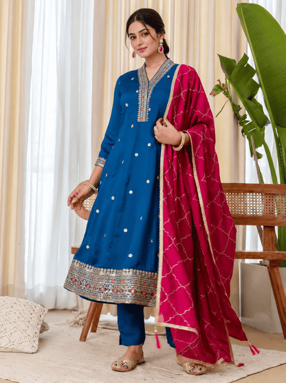 Teal Silk Blend Embroidered Kurta Pant and Dupatta Set