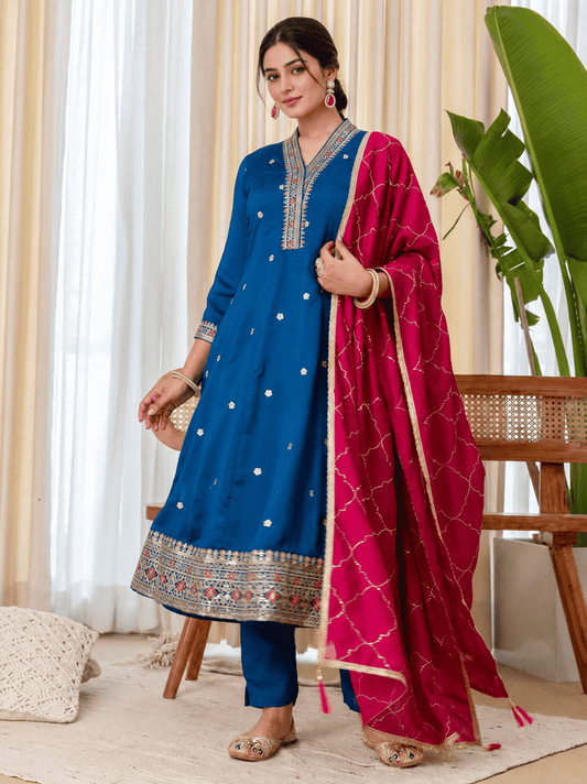 Teal Silk Blend Embroidered Kurta Pant and Dupatta Set