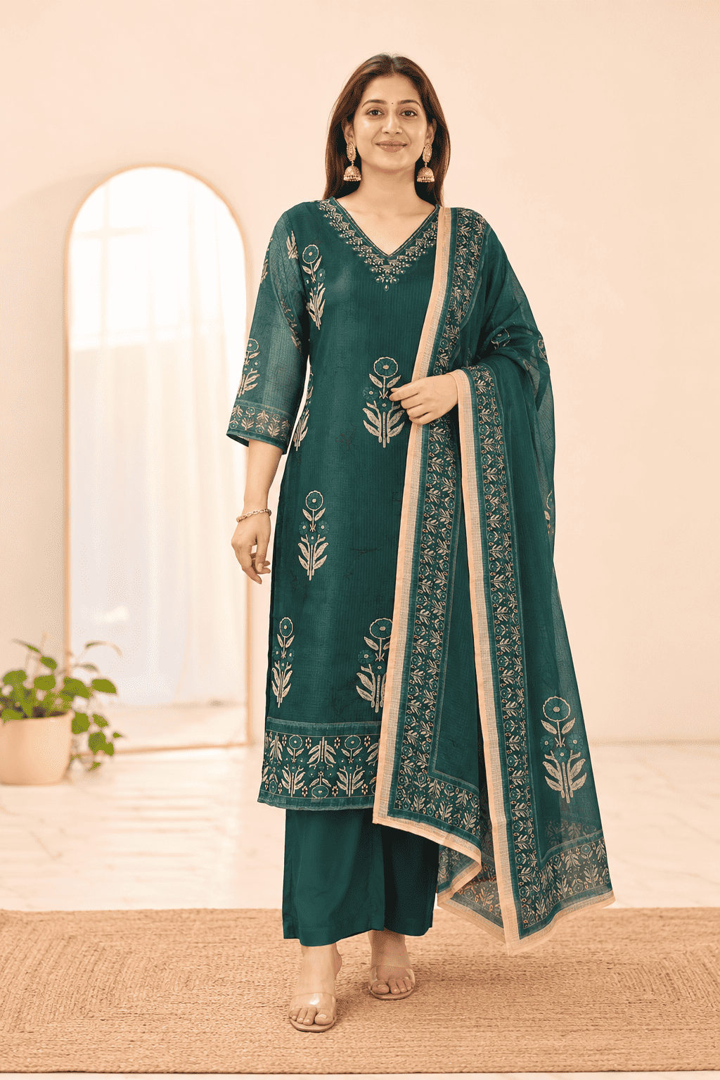 Peacock Green Printed Kota Doria Cotton Kurta Pant and Dupatta