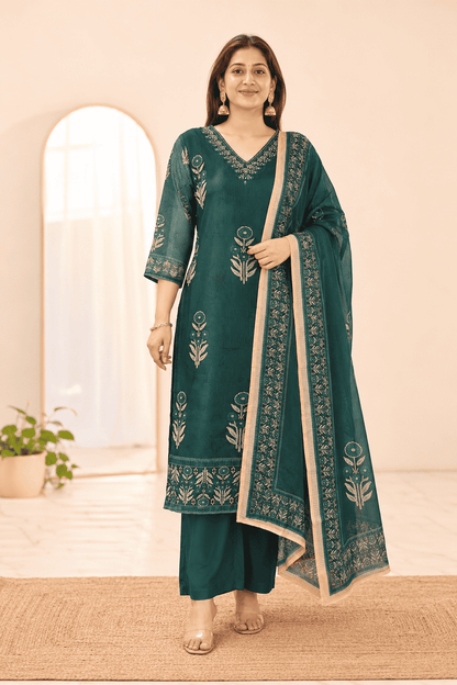 Peacock Green Printed Kota Doria Cotton Kurta Pant and Dupatta