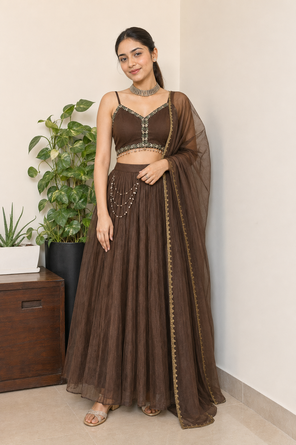 Dark Grey Shimmer Organza Blouse and Pleated Lehenga with Dupatta