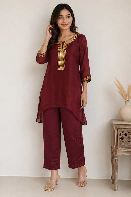 Maroon Silk Blend Embroidered Kurta Pant Set