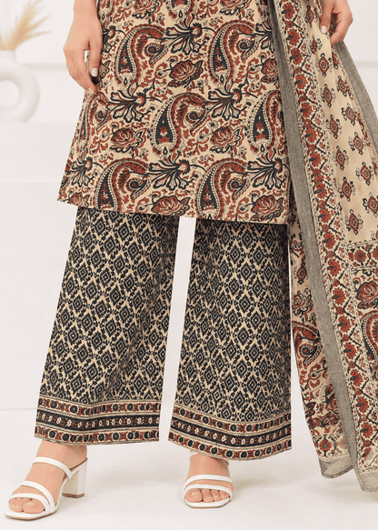 Ivory, Maroon & Deep Indigo Printed Cotton Blend Kurta Pant and Dupatta