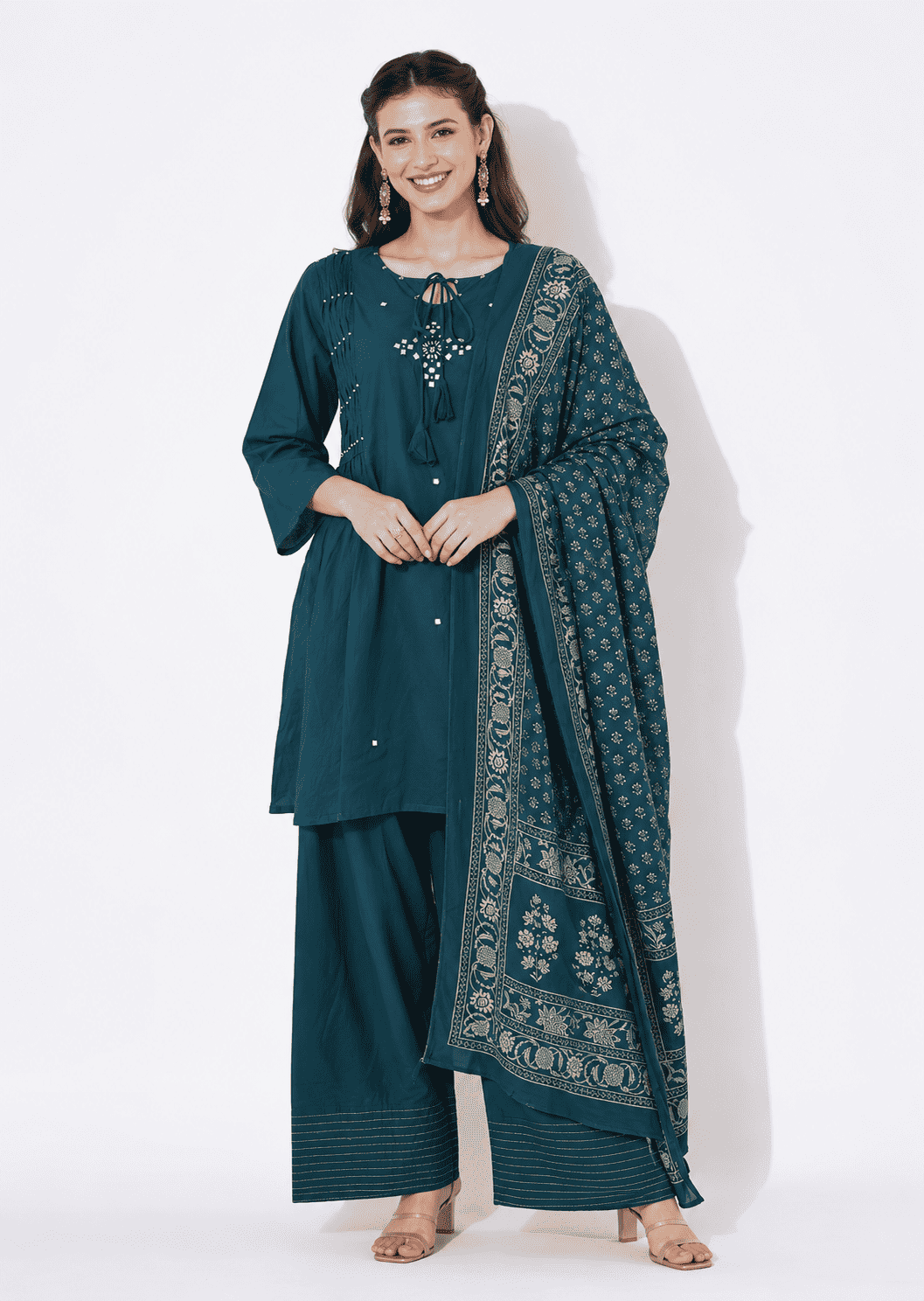 Teal Blue Printed Cotton Blend Kurta Pant and Dupatta