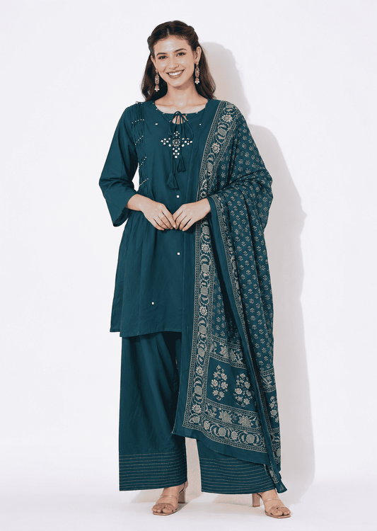 Teal Blue Printed Cotton Blend Kurta Pant and Dupatta