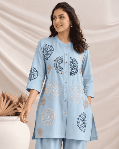 Sky Blue Butter Crepe Embroidered Kurta Pant Set